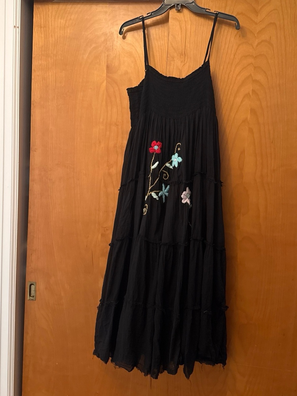 Black Embroidered Tiered Maxi Dress with Spaghetti Straps
